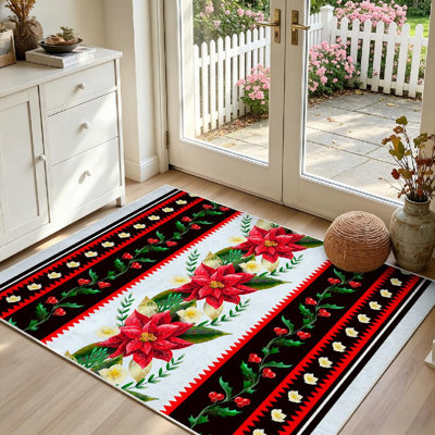 Tapis d'intérieur lavable à la machine, bordure de Noël à fleurs dorées
