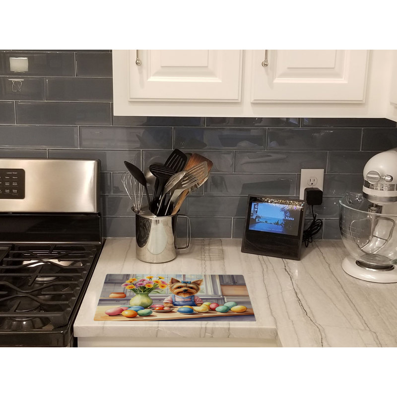 Decorating Easter Yorkshire Terrier Glass Cutting Board
