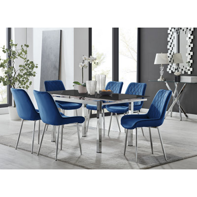 Ensemble de table de salle à manger extensible en verre et en métal Tierra et 6 chaises de salle à manger rembourrées en velours
