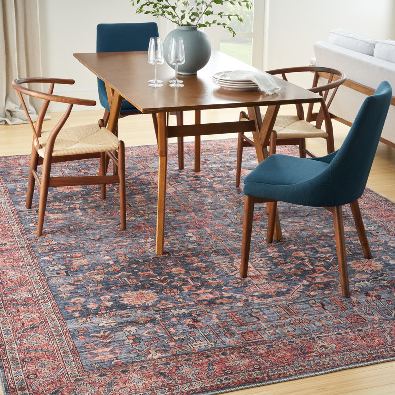 Lotte Oriental Machine Washable Flatweave Area Rug in Navy Blue/Brick Red, Rectangle 7'10" x 9'10"