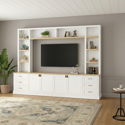 Meuble audio-vidéo de ferme de 102 po de largeur avec tablettes, unité murale 4 pièces pour téléviseur de 75 po, console multimédia haut de gamme en bois avec 6 tiroirs