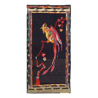 One-of-a-Kind Runner 1'11" X 4' 1940s Runner Wool Area Rug in Navy Blue/Black