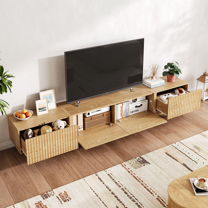Meuble télé 98 po avec rangement, meuble télé cannelé, meuble audio-vidéo Mid-Century, console média en bois pour le salon et la chambre à coucher
