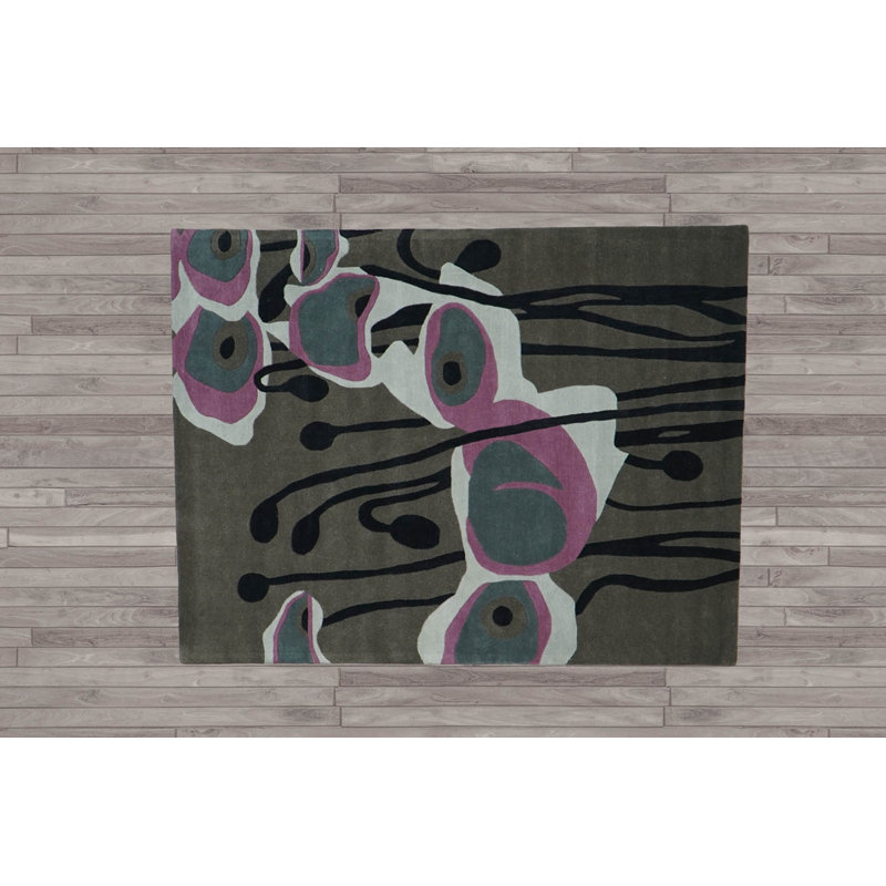 Tapis gris touffeté à la main à motif oriental multicolore tissé à la main, Rectangle 6 pi x 9 pi