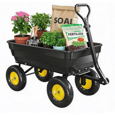 600 lb Poly Garden Dump Cart, Wheelbarrow Yard Cart with 10 in Wheels, Quick-Dump & Towable Utility Wagon with Convertible Handle for Yard, Soil, Rocks