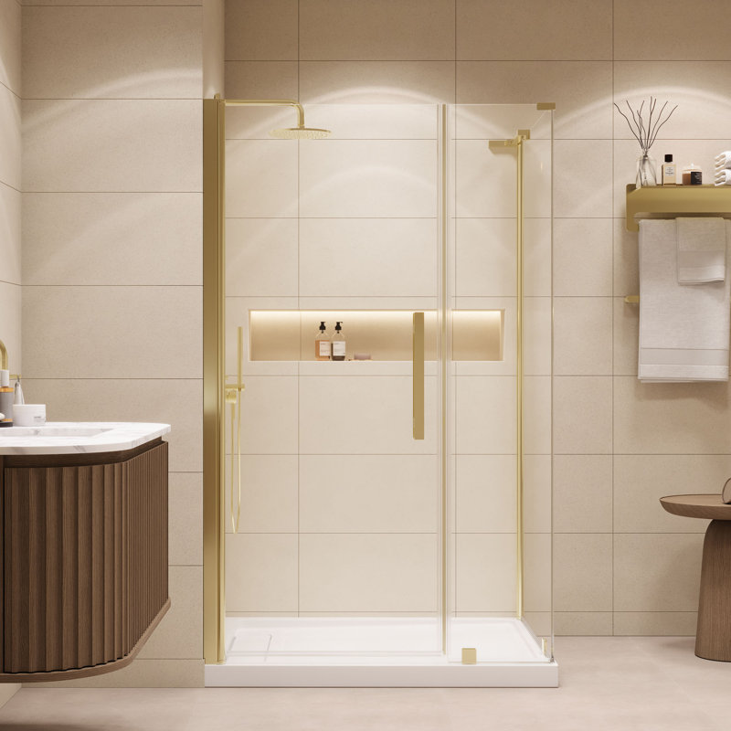 OVE Decors Pasadena Corner Frameless Pivot Shower Door Kit With Base Pan, 2025, Brushed Gold, 74.8"H x 48"W x 36"D