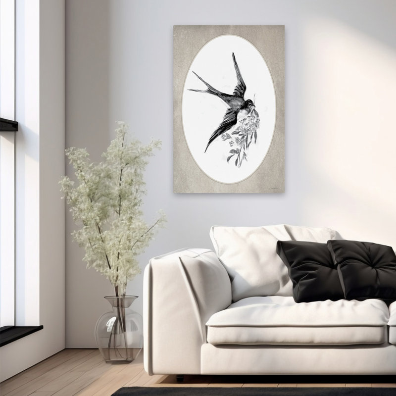 En vol II - Art floral rétro en noir et blanc, H 24 po x l 36 po