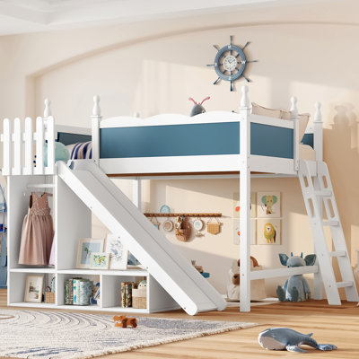 Lit mezzanine double bleu et blanc avec tablettes de rangement, glissière amovible, processus d'assemblage facile, pour l'organisation de la chambre à coucher, bois de pin amovible intégré, conception