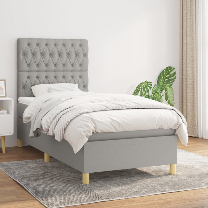 Lit à sommier tapissier avec matelas, Tissu, Simple TG, Gris clair / chêne