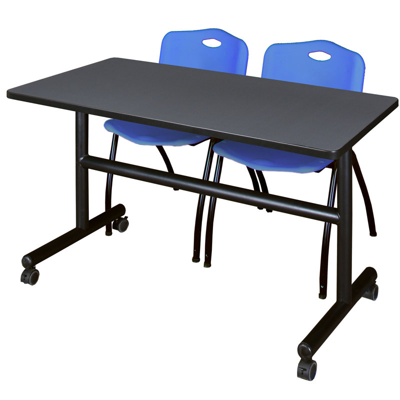 Table gigogne d'appoint Nevjana, 2 chaises empilables, H 29 po x l 60 po x P 30 po, Gris, Bleu