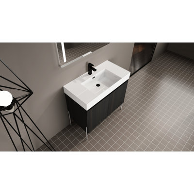 Armoire de salle de bain 36 po en chêne foncé avec vasque en résine - Évier de rangement abondant et peu d'espace extérieur