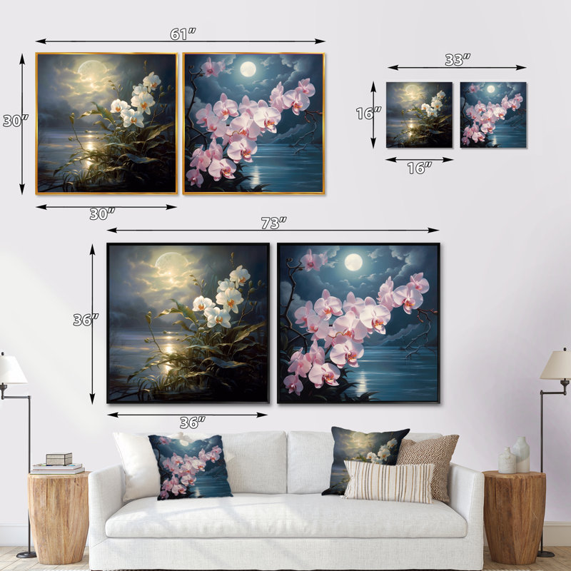 Orchidées Waterscape clair de lune - ensemble de 2 orchidées carrées, Cadre flottant noir, H 16 po x l 33 po