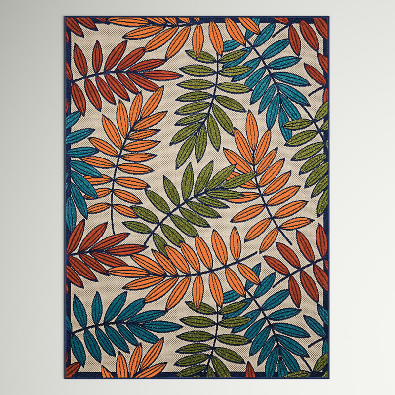 Tapis or, vert et bleu à motif floral pour l'intérieur et l'extérieur Eaglin, Rectangle 7 pi 10 po x 10 pi 6 po