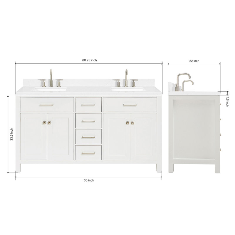 2_ARIEL Bristol 72 Double Sink Bathroom Vanity with Carrara White Quartz, Rectangle, White, 60"