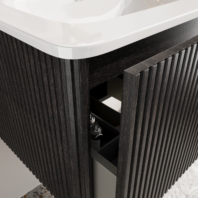 Meuble-lavabo mural et flottant avec lavabo en céramique, Noir, 24"