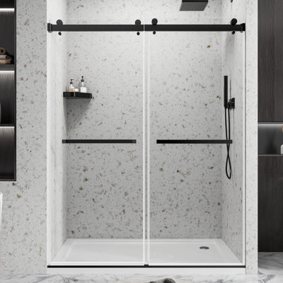 Porte de douche coulissante double semi-sans cadre l 56 à 60 po x H 72 po avec verre trempé transparent de 1/4 po （6 mm avec film de protection noir mat