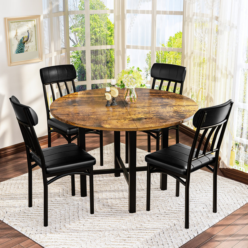 5-Piece Kitchen Table Chairs Set, Dining Table Set For 4, Rounded Dining Room Table Set With Four Chairs And Wooden Table Tops Dining Table Set With Backrest For Small Spaces, Dining Or Living Room