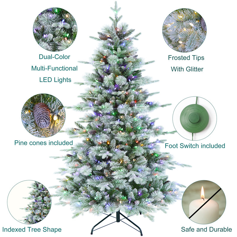 Arbre de Noël à aiguilles givré pré-éclairé 7 pi avec pommes de pin et lumières DEL bicolores multifonctionnelles