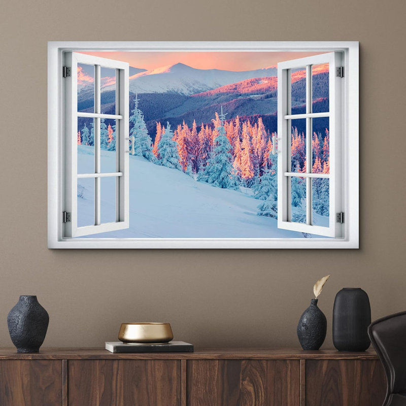 Fenêtre de paysage «Window View Pastel Pink Blue Winter Winter Tree Forest Nature Scenic Landscape» sur toile