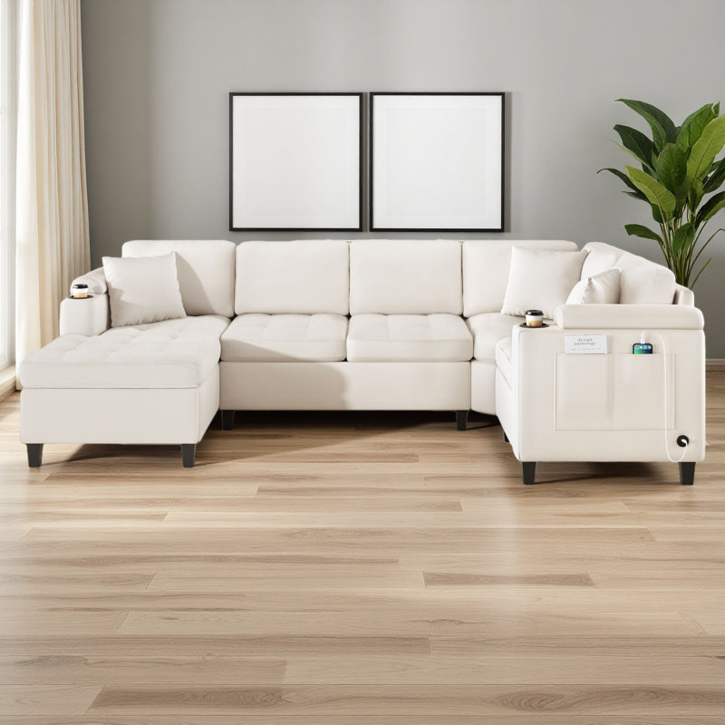 Canapé modulaire moderne en forme de U avec canapé-lit modulaire 115,7 po avec porte-gobelets intégré, Chenille beige