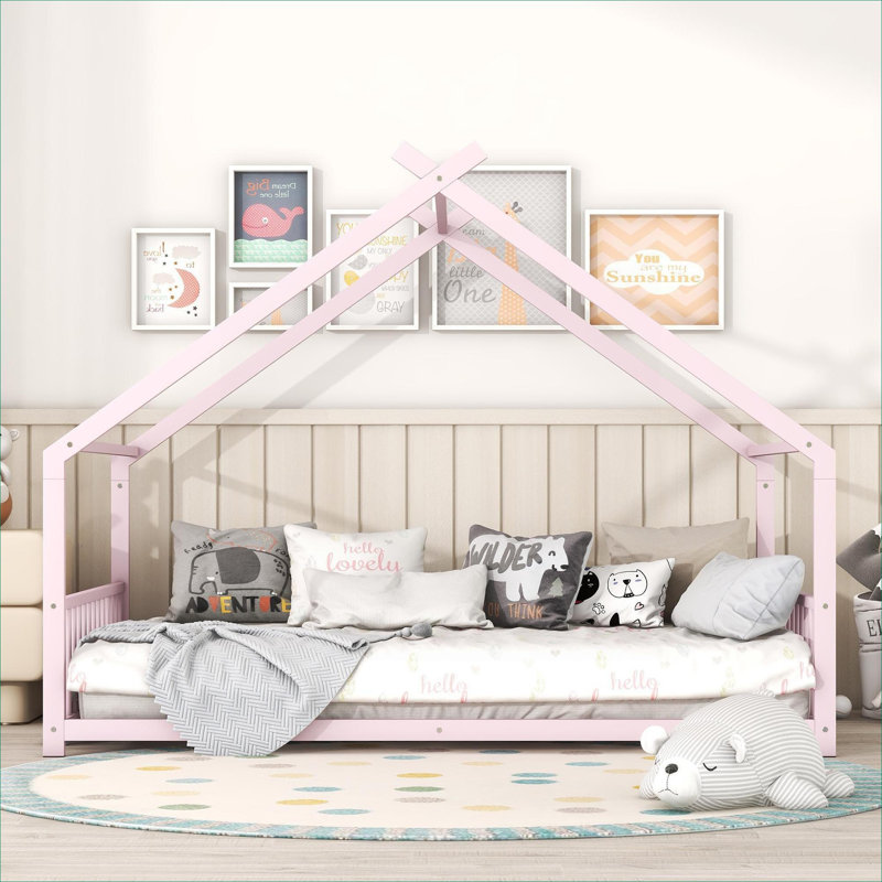 Lit plateforme House pour chambre d'enfant, maisonnette fonctionnelle en métal massif rose classique