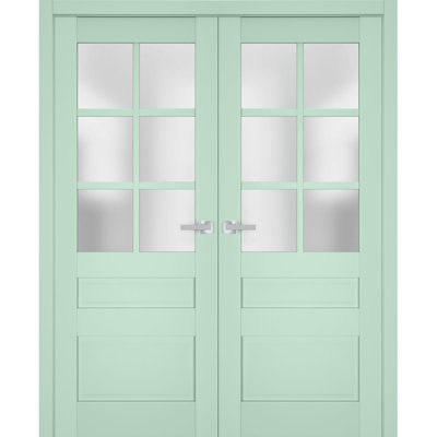 Portes doubles françaises intérieures en verre dépoli Veregio 7339 Oliva, cadre en bois massif, portes robustes pour placard et chambre à coucher, 36 po x 84 po (2 x 18 x 84 po)