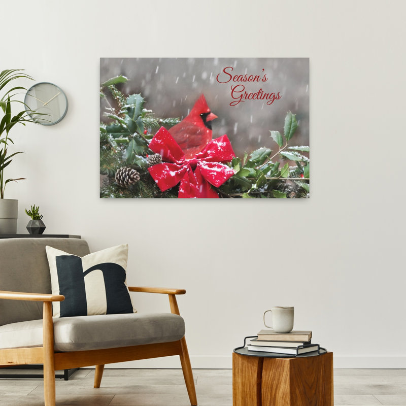 «Season's Greetings», cardinal, art contemporain d'hiver, H 24 po x l 36 po