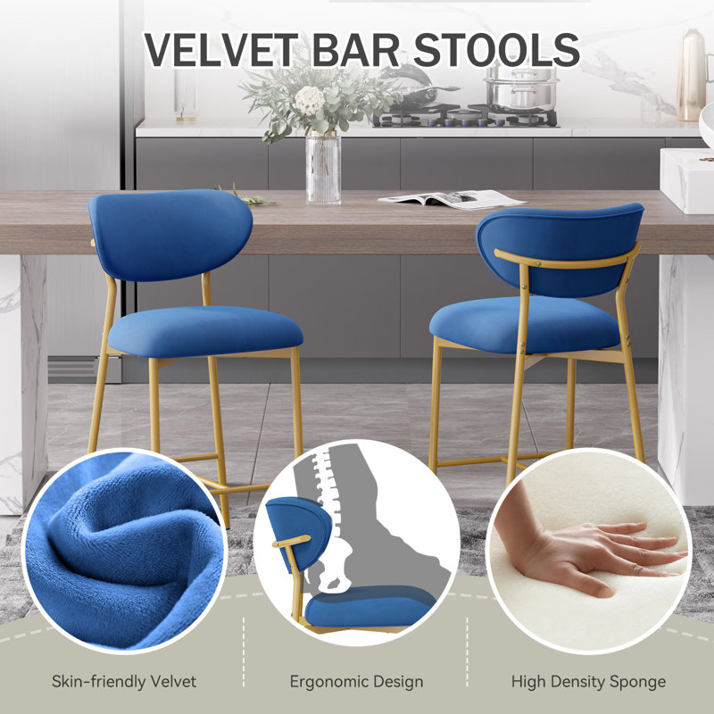 Bar Height Bar Stools Set Of 2, Velvet Ergonomic Modern Counter Stool With Back, Comfy Bar Chairs With Powder Sprayed Golden Metal Legs