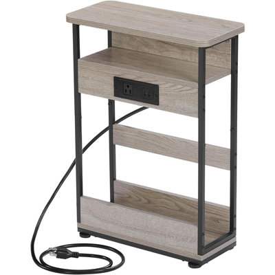 Narrow Side Table With Charging Station, 3-Tier End Table With 2 USB Ports & Power Outlets,Thin Sofa Side Table For Narrow And Small Spaces, Bedside Table Nightstand For Living Room,Oak