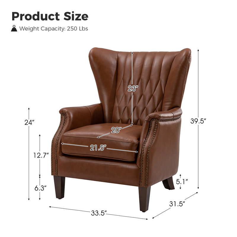 Ameliah Genuine Leather Wingback Chair, Brown Genuine Leather