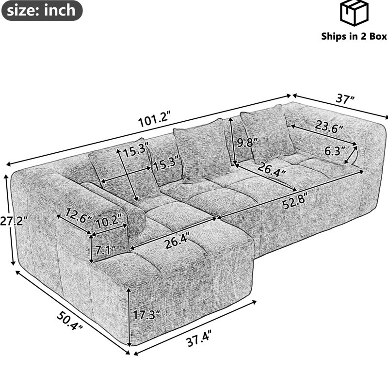 101.2" Living Room Couch, Blue. Modular For Personalized Space. Full Foam Support. Captivating Curved . 3 Square & 2 Bolster Pillows. Back, American Glamour Blue Sectional , 101.2". Deep Seating
