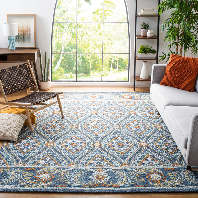 Tapis en laine / coton touffeté à la main Muhsin bleu marine / jaune, Rectangle 5 pi x 8 pi