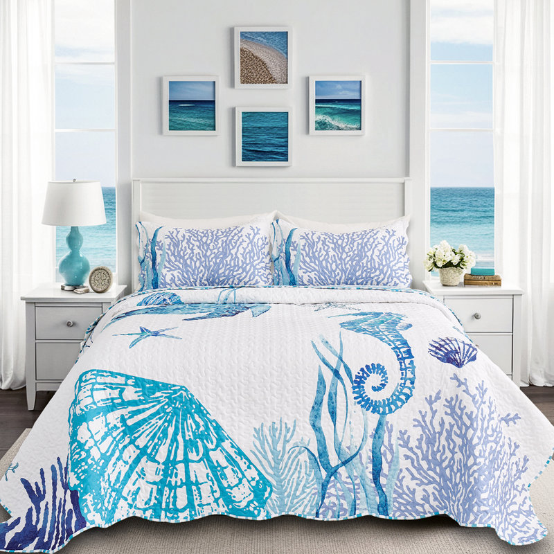 Marine Polyester Quilt Set Summer Bedding Lightweight Quilts, Twin Quilt + 1 Standard Sham, Light Blue Animal Print