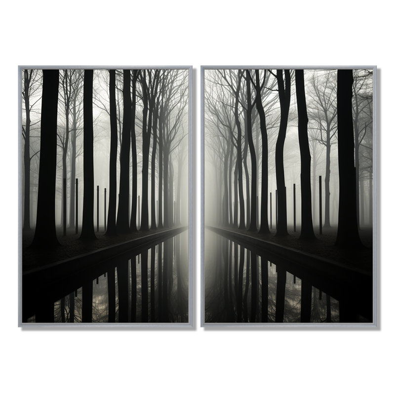 Photographie en noir et blanc de forêt silencieuse - décoration murale traditionnelle, H 36 po x l 48 po, Argent argent