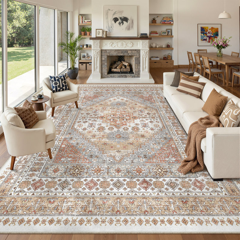 Malaika Machine-Washable Non-Slip Medallion Area Rug, Orange, Rectangle 10' x 14'