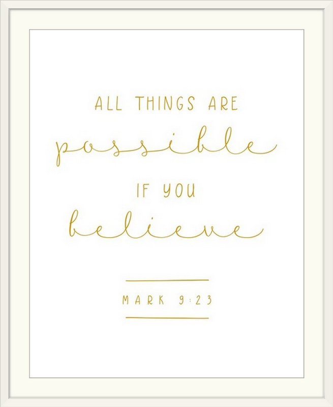 « mark 9:23-scripture art », art textuel, H 38 po x l 32 po x P 1 po, Cadre blanc