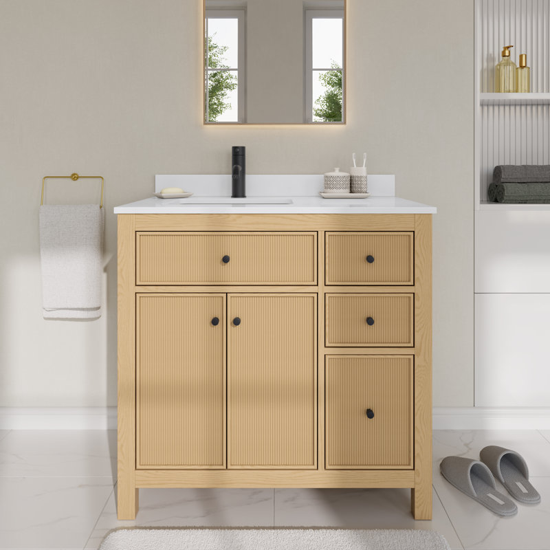 Pendry 36" Freestanding Single Bathroom Vanity with Top, Tanned Oak, Brushed Gold, White Cultured Marble