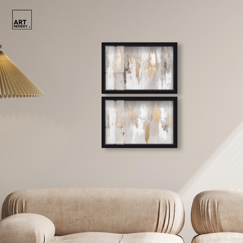 «Golden Tranquility Abstracts Set Shadowbox», art mural minimaliste par Art Remedy, H 11 po x l 16 po, Noir