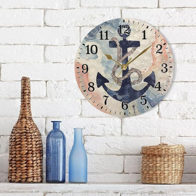 JUNZAN Navy Ocean With Rope On Marble Round Bathroom Clocks Clock For Wall 10 Inch Classic Kitchen Clocks For Farmhouse Cafe Bar Modern Living