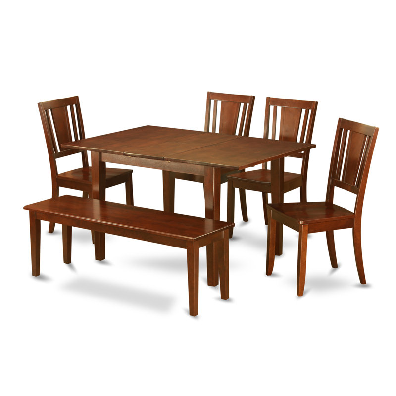 L'ensemble de table de salle à manger 6 pièces contient une table de cuisine rectangulaire avec rallonge papillon et 4 chaises de salle à manger avec banc, acajou