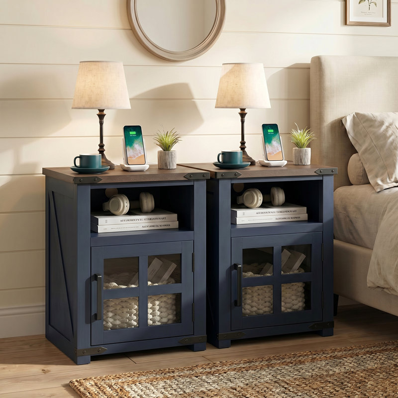 24''H Farmhouse End Table (Set Of 2) With Charging Station Rustic Nightstand, Navy