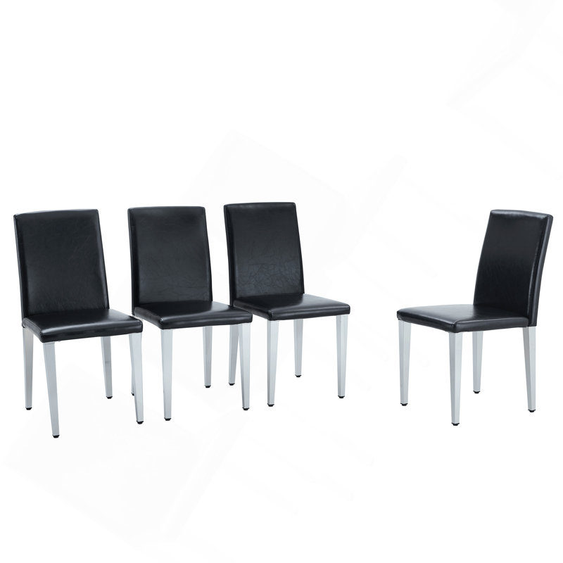 Set Of 4 Black Pu Backrest Chairs With Silver Metal Legs -A Match For Minimalist And Modern Home Styles, 4, Silver, Black