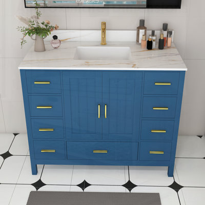 Meuble-lavabo de salle de bain moderne en bois massif avec lavabo, comptoir en pierre frittée blanc de Carrare avec 1 trou de robinet pré-percé, 2 portes doubles à fermeture douce et 9 tiroirs spacieux avec glissières