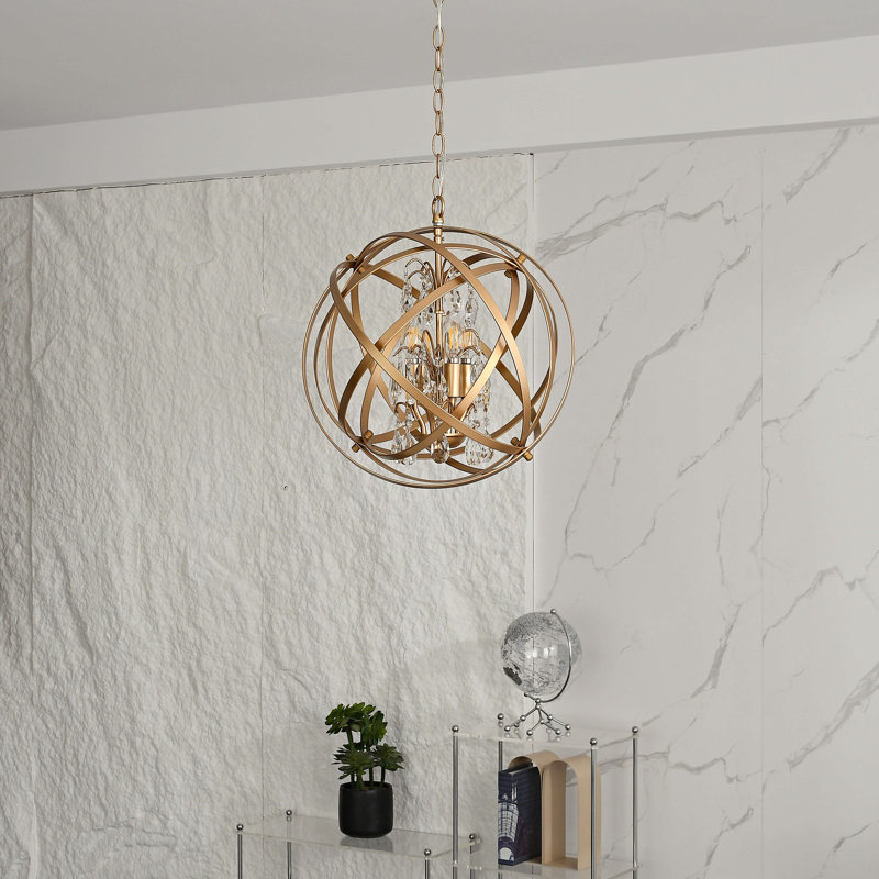 Zellner 4 - Light 16" Unique Globe Chandelier with Crystal Accents, Light Gold