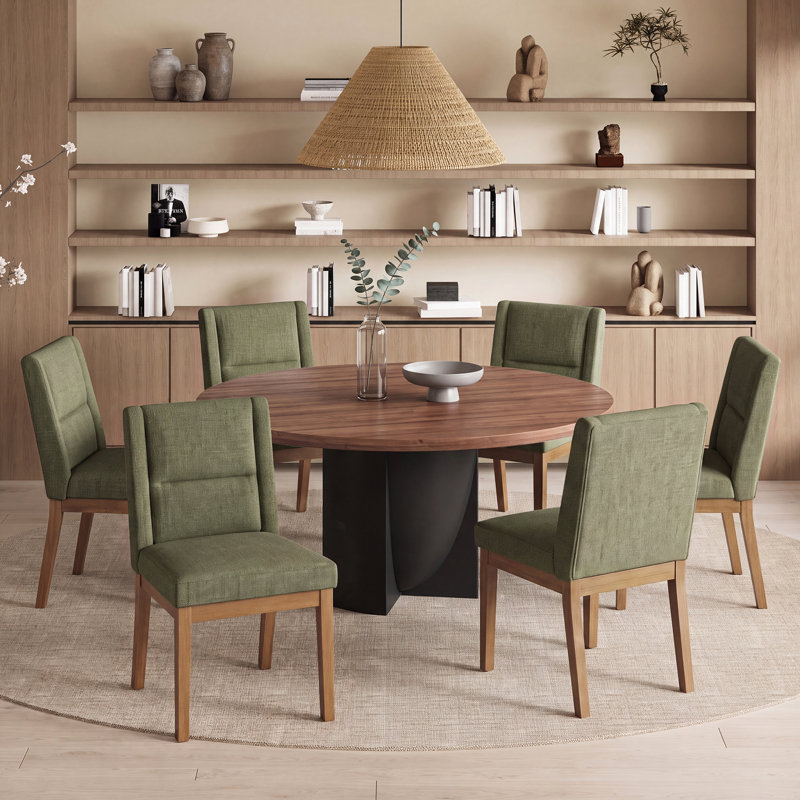 Chaise de salle à manger rembourrée en lin avec pieds en bois massif, Vert