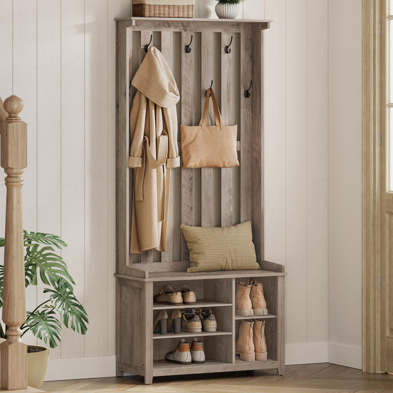 Gaonou 32.1" W Manufactured Wood Hall Tree with Bench and Shoe Storage, Heather Greige