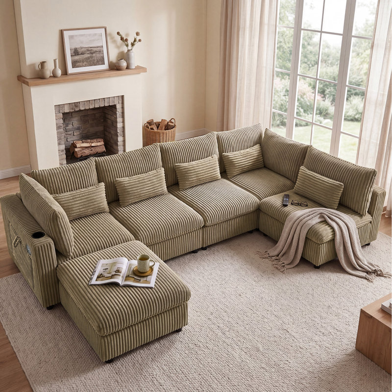Canapé modulaire en velours côtelé 6 places avec repose-pieds mobile, Light Camel Corduroy
