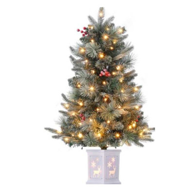 3 Ft Prelit Premium Snow Flocked Artificial Christmas Tree With 8 Mode Warm White Led, Mini Prelit Xmas Pine Tree For Christmas Decoration,Yard,Home,Office,Outdoor,Indoor