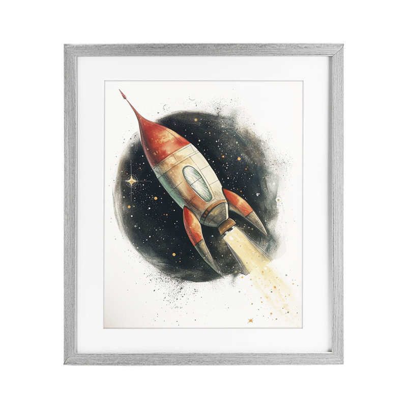 «Journey To Space Rocket», reproduction sous verre encadrée, design par Ray Powers, H 16 po x l 13 po, Cadre de ferme gris