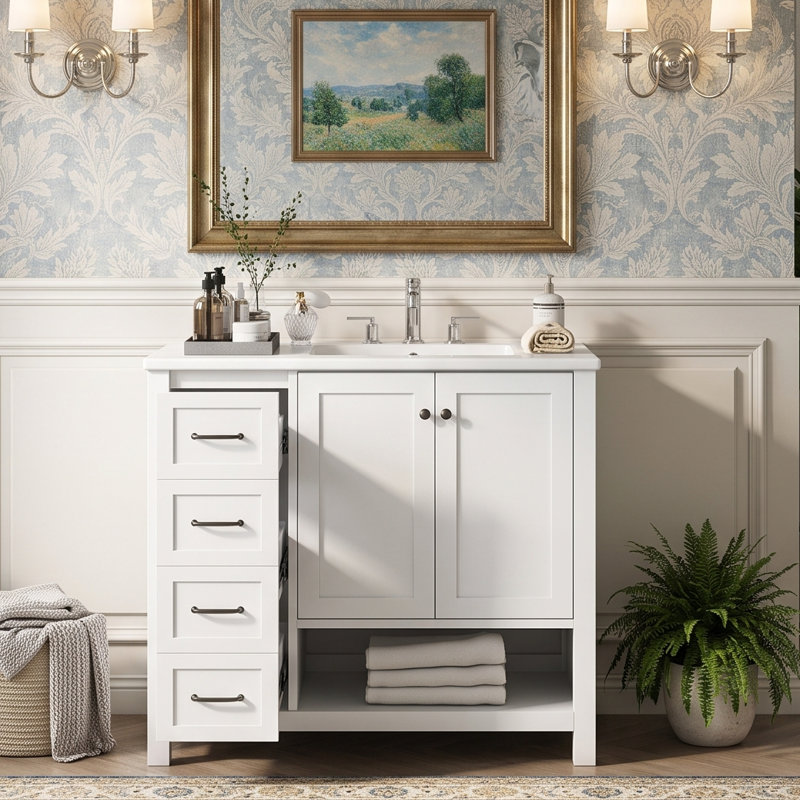 Meuble-lavabo moderne 36 po avec lavabo en céramique, armoire de rangement en bois massif avec tiroirs et tablette ouverte (blanc / noir / gris)